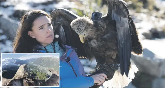  ?? Pictures: Reuters ?? BIRD’S-EYE VIEW. Eva Meyrier holds Victor, a nine-year-old white-tailed eagle equipped with a camera, before a flight from the Plan de l’Aiguille back to Chamonix during a media preview of the Alpine Eagle Race in Chamonix, France, this week. Inset: A still image of footage from Victor.