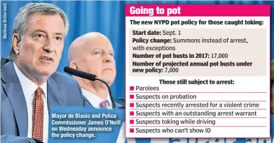  ??  ?? Mayor de Blasio and Police Commission­er James O’Neill on Wednesday announce the policy change.