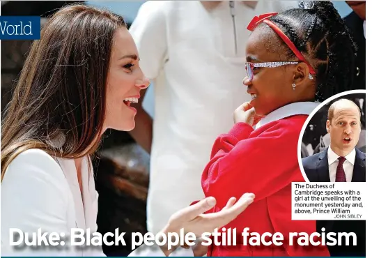  ?? JOHN SIBLEY ?? The Duchess of Cambridge speaks with a girl at the unveiling of the monument yesterday and, above, Prince William