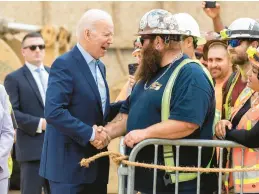  ?? ALEX GALLARDO/AP ?? President Joe Biden shakes hands with Kevin Corbin, a heavy equipment operator, on Thursday in Los Angeles. Biden closed a three-state Western trip Saturday in Oregon.
