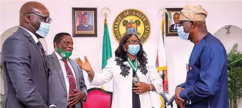  ??  ?? Institute of Chartered Accountant­s of Nigeria ( ICAN) council members, Dr. Deji Awobotu ( left), Chief Oye Akinsulire; President of ICAN, Dame Onome Joy Adewuyi and Lagos State Governor Babajide Sanwo- Olu during Adewuyi’s courtesy visit to the governor in the State House, Marina, Lagos… yesterday