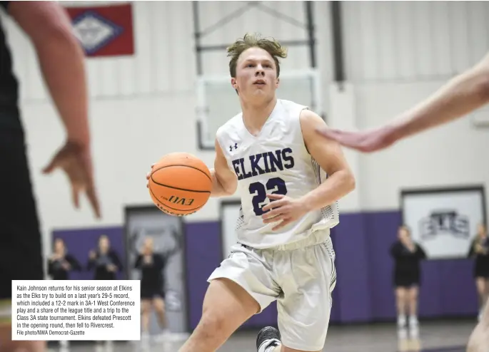  ?? File photo/NWA Democrat-Gazette ?? Kain Johnson returns for his senior season at Elkins as the Elks try to build on a last year’s 29-5 record, which included a 12-2 mark in 3A-1 West Conference play and a share of the league title and a trip to the Class 3A state tournament. Elkins defeated Prescott in the opening round, then fell to Rivercrest.