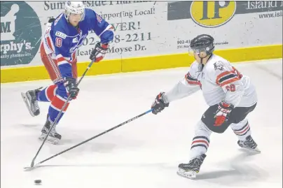  ?? JASON SIMMONDS/ JOURNAL PIONEER ?? Summerside D. Alex MacDonald Ford Western Capitals forward Kallum Muirhead makes a pass while the Truro Bearcats’ Graham Rutledge defends in MHL ( Maritime Junior Hockey League) action Sunday night. The Caps posted a 5- 2 win over the Bearcats at...