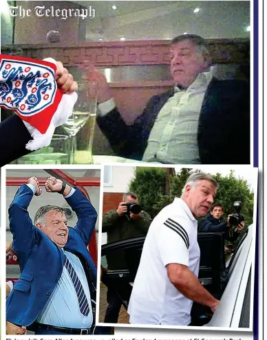  ??  ?? Flying visit: Sam Allardyce was unveiledn eiled as England manager at St George’s Park (main pic) in July 2016 and beat Slovakia 1-0 in his only game (above left) before he was sacked (above right) following the Telegraph’s sting (top)
