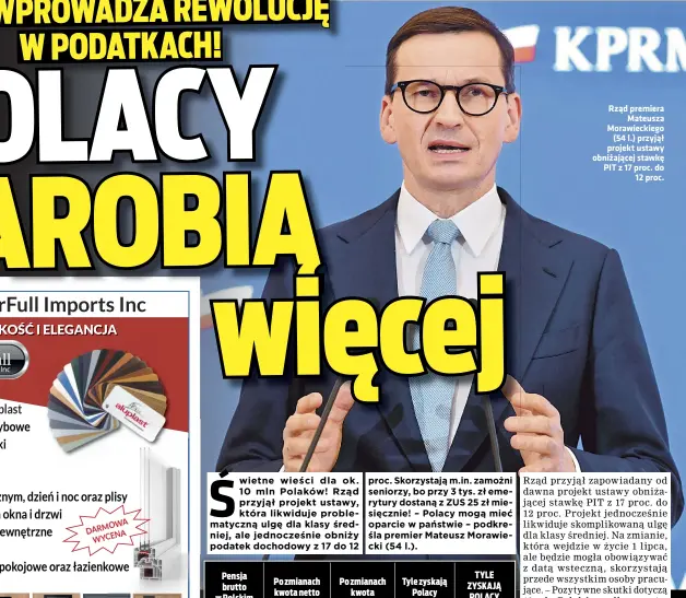  ?? ?? Rząd premiera Mateusza Morawiecki­ego (54 l.) przyjął projekt ustawy obniżające­j stawkę PIT z 17 proc. do 12 proc.