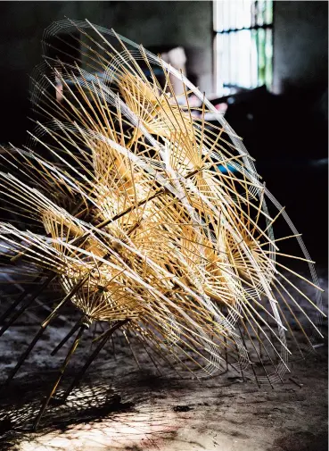  ??  ?? Ribs of oiled- paper umbrellas are stacked in a workshop in Fenshuilin­g, Sichuan Province, waiting for patterned paper to be stretched over them. — Photos by IC