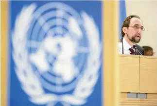  ??  ?? UN High Commission­er for Human Rights, Jordanian Zeid Ra’ad Al-Hussein addresses a session of UN Human Rights Council in Geneva on Tuesday. (AFP)