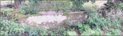  ??  ?? ■ Meredith Hull’s livestock water trough, which bears an October, 1944, inscriptio­n, on the boundary of the field of the crash site, off One Barrow Lane, near Blackbrook Reservoir.