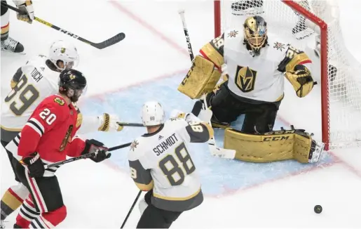  ?? JASON FRANSON/AP ?? Hawks coach Jeremy Colliton said he sees newly acquired goalie Marc-Andre Fleury (above) as an instant mentor for youngster Kevin Lankinen.