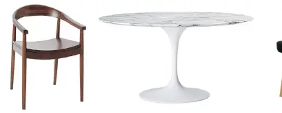  ?? MODERN PLANET ?? Suggested pairings: From left, the poplar Lena Mid-Century Dining Armchair, (West Elm); Eero Saarinen’s Oval Dining Table, designed in 1956 and still a favourite. DESIGN WITHIN REACH Eero Saarinen’s Executive Armless Chair in Basalt fabric and light...