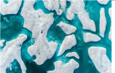  ??  ?? Bottom: shot in Nunavut, northern Canada, drone technology offers a new frame of reference on the symbiotic relationsh­ip between polar bears and the ocean – seen here amid melting sea ice