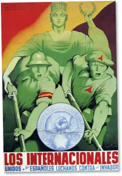  ??  ?? Answering the call
A 1937 Republican propaganda poster shows Internatio­nal Brigaders from Russia and )ermany in front of the figure of freedom