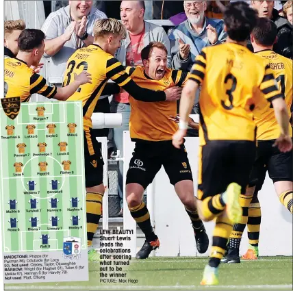 ?? PICTURE: Max Flego ?? LEW BEAUTY! Stuart Lewis leads the celebratio­ns after scoring what turned out to be the winner