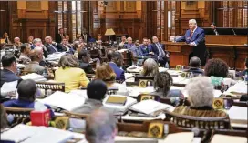  ?? PHOTO BY JASON GETZ ?? House Speaker David Ralston speaks to the chamber last month. Some of the hottest races in the Assembly midterms are in Atlanta’s suburbs.