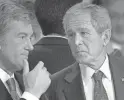  ?? VADIM GHIRDA/AP FILE ?? Ukrainian President Viktor Yushchenko talks with U.S. President George W. Bush at the 2008 NATO summit in Bucharest, Romania.
