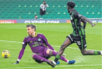  ?? Picture: SNS. ?? Chol Nguen slides the ball past Celtic keeper Vasilis Barkas for Ferencvaro­s’ winner.