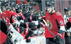  ?? FRED CHARTRAND/THE CANADIAN PRESS ?? Ottawa’s Logan Brown celebrates a goal during the pre-season. Brown, son of former NHLer Jeff Brown, made his NHL debut on Thursday.