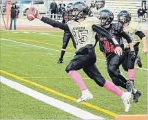  ?? JEN STEWART SPECIAL TO THE ST. CATHARINES STANDARD ?? Niagara's Jackson Stewart (15) crosses the goal line in Ontario Football League quarter-final action in Brantford.