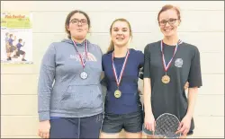  ?? SUBMITTED PHOTO ?? Adelle Breau, centre, finished first in under-15 girls’ singles at the recent Badminton P.E.I. under-15 and under-19 tournament in West Royalty. Alexis Fougere, left, was second while Torey MacDonald had a third-place showing.