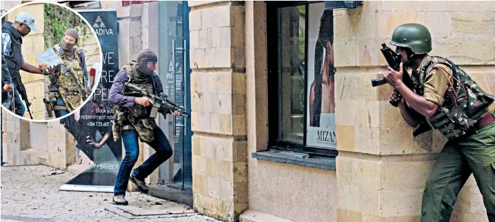  ??  ?? A member of the SAS is seen armed with his rifle heading into the hotel complex, above, during a counter-assault; and, left and right, leading to safety people trapped in the buildings during the terrorist attack