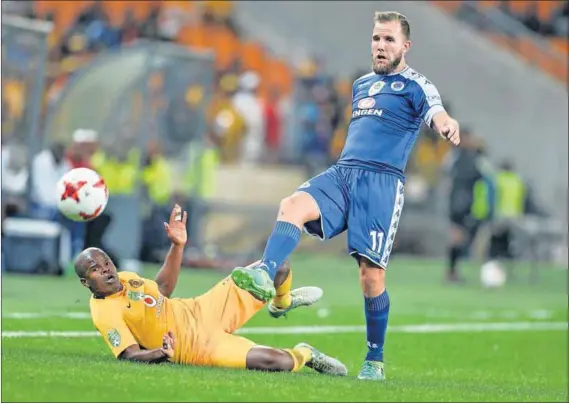  ??  ?? Stress test: Willard Katsande and Jeremy Brockie in the Nedbank Cup quarterfin­al between SuperSport United and Kaiser Chiefs in April, which SuperSport won on penalties. They meet again this weekend. Photo: Lefty Shivambu/Gallo Images