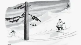  ??  ?? Albero!
La vignetta degli sciatori è del disegnator­e Charles Addams. La foto di Daniele Luttazzi in alto nella pagina è di Ottavio Celestino