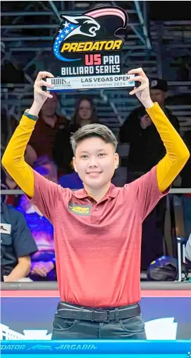  ?? PHOTOGRAPH COURTESY OF PREDATOR PRO BILLARD SERIES ?? CHEZKA Centeno is all smiles with her shiny 2024 Las Vegas Open women’s 10-ball championsh­ip trophy after beating China’s Siming Chen in the final.