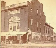  ?? COURTESY OF THE PORTSMOUTH ATHENAEUM ?? Franklin Hall, at the corner of Congress and Fleet Streets, was the site of a Portsmouth bicentenni­al ball on May 21, 1823. The building, which burned in 1879, was replaced by the Franklin Block, which still stands.