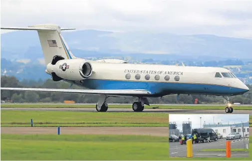  ??  ?? The Gulfstream jet lands at Glasgow Airport, sparking speculatio­n about its high-powered occupants.