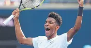  ?? VAUGHN RIDLEY/GETTY IMAGES ?? Felix Auger-Aliassime celebrates his victory over Lucas Pouille on Tuesday. Auger-Aliassime won 6-4, 6-3, and advances to face Daniil Medvedev.