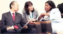  ?? ?? First Lady Dr Auxillia Mnangagwa interacts with Japanese chair - person for Comprehens­ive Research Commission ( JCRC) and former secretary-general of the Liberal Democratic Party Mr Toshihiro Nikai during the 1st Asia Pacific Africa Women’s Economic Exchange Summit in Tokyo, Japan on Monday