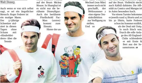  ?? GETTY/AFP/TWITTER ?? Roger Federer ganz leger: Mal steht er auf Mickey Mouse (l.), mal sind es Ernie &amp; Bert (M.), mal führt er Pac-Man (r.) aus.