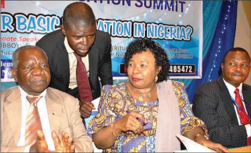  ??  ?? L-R: The Chairman of the summit, former Nigeria UNESCO Representa­tive, Emeritus Professor Michael Omolewa; Chairman, Education Writers’ Associatio­n of Nigeria (EWAN), Mr. Tunbosun Ogundare; the Deputy Executive Secretary, Universal Basic Education...