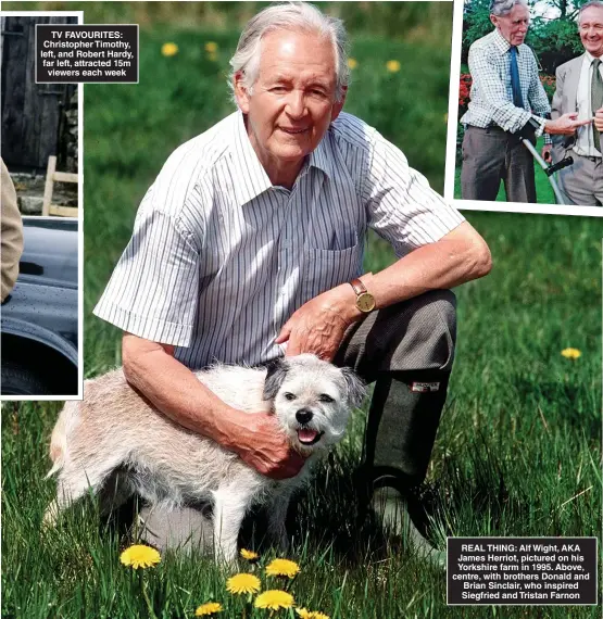  ?? ?? TV FAVOURITES: Christophe­r Timothy, left, and Robert Hardy, far left, attracted 15m viewers each week
REAL THING: Alf Wight, AKA James Herriot, pictured on his Yorkshire farm in 1995. Above, centre, with brothers Donald and Brian Sinclair, who inspired Siegfried and Tristan Farnon