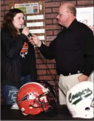  ?? PAUL DICICCO — FOR THE NEWS-HERALD ?? North’s Destiny Leo talks with The News-Herald’s John Kampf on March 19 at Hooley House.