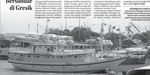  ?? GUSLAN GUMILANG/JAWA POS ?? minute rotation per PERSEMBAHA­N KAMPUS: Kapal Ksatria Airlangga berlabuh di Pelabuhan Gresik. Rencananya, kapal itu akan menjadi rumah sakit terapung yang menjangkau daerah-daerah terpencil.