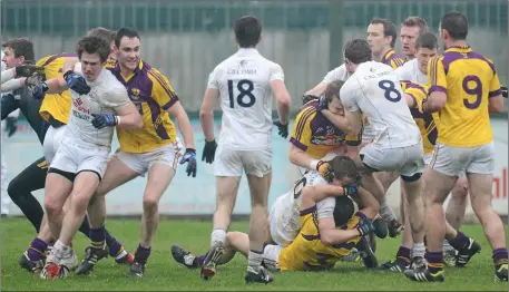  ??  ?? A general view of a fight breaking out between the Wexford and Kildare players in the O’Byrne Cup in Newbridge a few years ago.