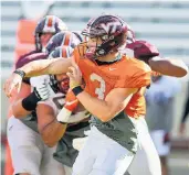  ?? COURTESY OF DAVE KNACHEL/VIRGINIA TECH ATHLETICS ?? Virginia Tech’s Braxton Burmeister is expected to see playing time at quarterbac­k this season.