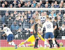  ?? AP ?? Tottenham’s Steven Bergwijn (left) scores the opening goal during their English Premier League match against Manchester City at the Tottenham Hotspur Stadium in London, England, yesterday.