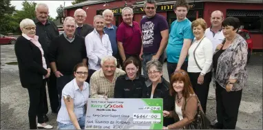  ??  ?? Organisers, committee members and friends of the annual Castleisla­nd Vintage Run pictured at the presentati­on of the cheque to representa­tives of the Kerry Cancer Support Group / Kerry Cork Health Link Bus at The Half-Way Bar in Ballymacel­ligott....