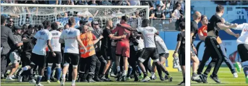  ??  ?? EN EL CALENTAMIE­NTO. Antes del inicio del encuentro, ultras del Bastia saltaron al campo cuando el Lyon terminó su calentamie­nto.