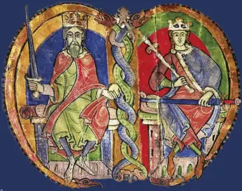  ??  ?? The northern raider
King David I of Scotland (left) and his grandson Malcolm IV shown in a manuscript from 1159. David capitalise­d on the civil war south of the border by snatching swathes of northern 'PINCPF CPF IQXGTPGF JKU PGY VGTTKVQT[ UQ YGNN VJCV HGY GʘQTVU YGTG OCFG VQ GZRGN JKO