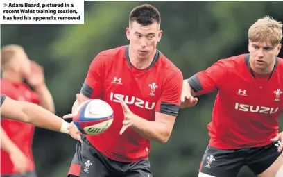  ??  ?? > Adam Beard, pictured in a recent Wales training session, has had his appendix removed