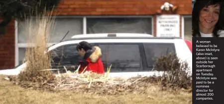  ?? RANDY RISLING/TORONTO STAR ?? A woman believed to be Karen McIntyre (also inset, above) is seen outside her Scarboroug­h apartment on Tuesday. McIntyre was paid to be a nominee director for almost 200 companies.