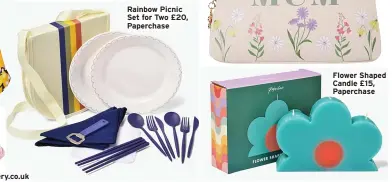  ?? ?? Rainbow Picnic Set for Two £20, Paperchase
Flower Shaped Candle £15, Paperchase