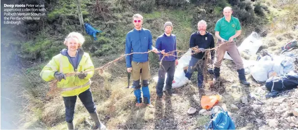  ??  ?? Deep roots Peter on an aspen root collection with Polbeth Venture Scouts in the Pentland Hills near Edinburgh