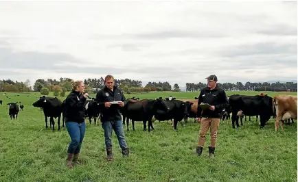  ?? PHOTO: BRITTANY PICKETT/FAIRFAX NZ ?? Share farmers of the year Tracy and Russell Bouma run a rule over their once a day milking herd with DairyNZ’s Guy Michaels.