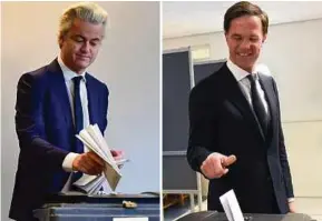  ?? AFP PIX ?? Geert Wilders (left) and Mark Rutte casting their ballots in the Dutch general election in The Hague yesterday.