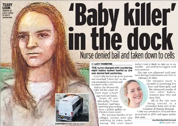  ??  ?? Sketch of Lucy Letby in court yesterday
CUSTODY Prison van at court