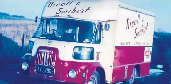  ?? ?? This boldly decorated Austin van was at one time part of a fleet of vehicles used by Dundee company Nicoll and Smibert to deliver baked bread produce and confection­ery to customers across the city and beyond. Find out more about the historic firm on the left.